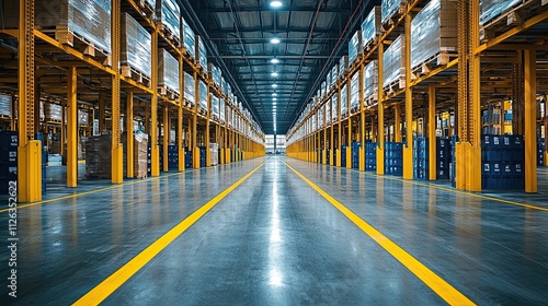 Warehouse interior with organized shelving and clear pathways for efficient storage and retrieval of goods