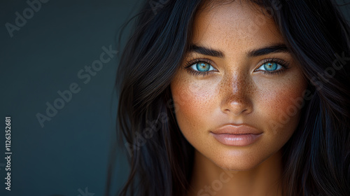 Young woman gazes intensely with beautiful blue eyes, showcasing her natural beauty and delicate freckles illuminated by soft lighting