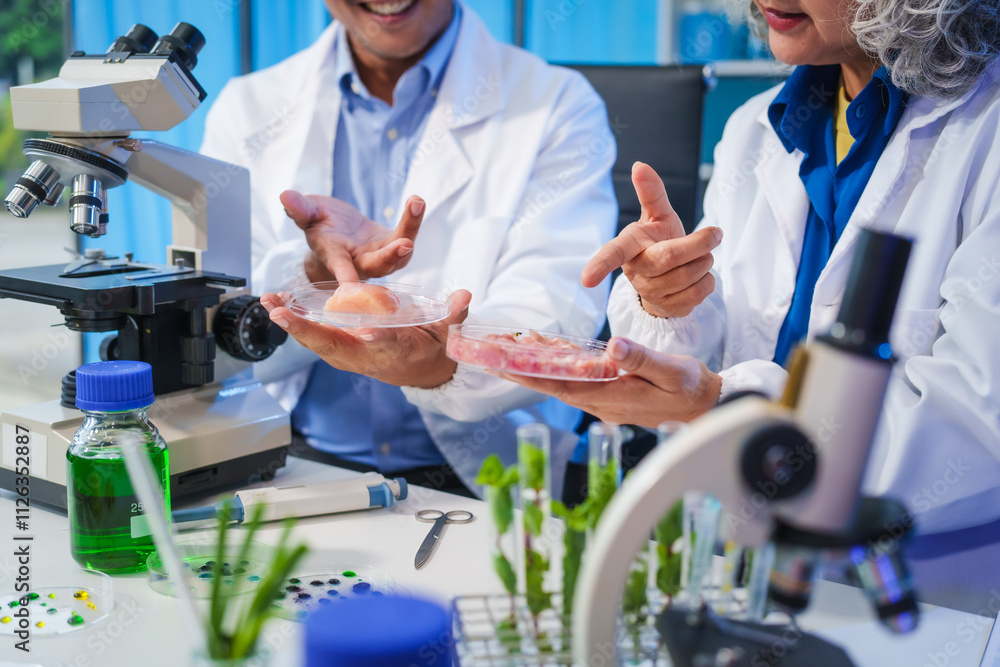 A female and male scientist conduct plant research in a laboratory, using microscopes, petri dishes,test tubes. researchers analyze genetically modified plants, vegetables, pork, nutritional value A female and male scientist conduct plant research in a laboratory, using microscopes, petri dishes,test tubes. researchers analyze genetically modified plants, vegetables, pork, nutritional value