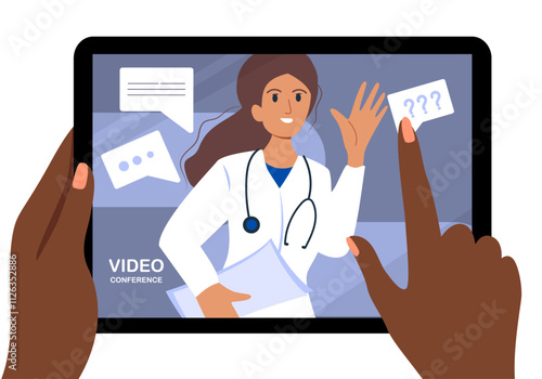 African Hands Hold Tablet and pointing to the screen with doctor. Video call. Specialist communicates with patient of online. Technology concept. Vector illustration.