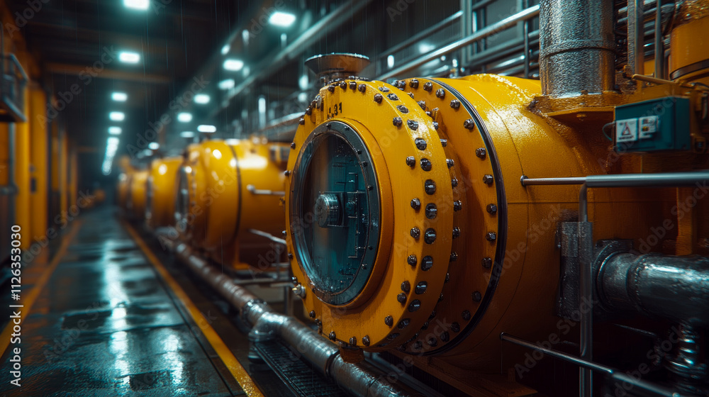Machinery lines the wall of a factory, featuring large yellow pipes with valves glistening from raindrops during the evening hours Machinery lines the wall of a factory, featuring large yellow pipes with valves glistening from raindrops during the evening hours