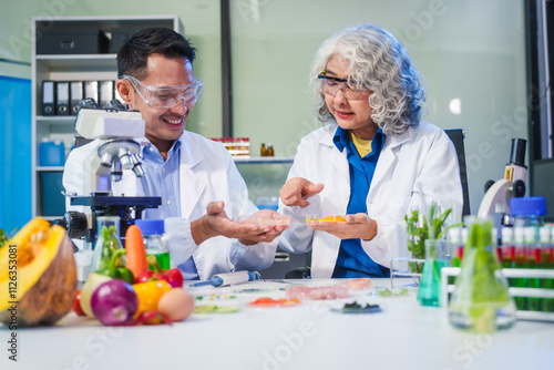 A female and male scientist conduct plant research in a laboratory, using microscopes, petri dishes,test tubes. researchers analyze genetically modified plants, vegetables, pork, nutritional value