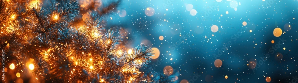 Christmas ornaments and pine branches with glowing festive lights on a sparkling winter background Generative AI Christmas ornaments and pine branches with glowing festive lights on a sparkling winter background Generative AI