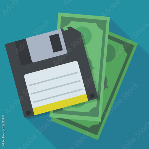 Black 3 and a half inch floppy disk with a yellow label above two green dollar bills in flat design style