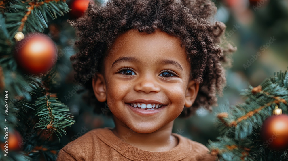 Young boy with curly hair beams joyfully while surrounded by festive Christmas trees adorned with ornaments, capturing the spirit of the holidays Young boy with curly hair beams joyfully while surrounded by festive Christmas trees adorned with ornaments, capturing the spirit of the holidays