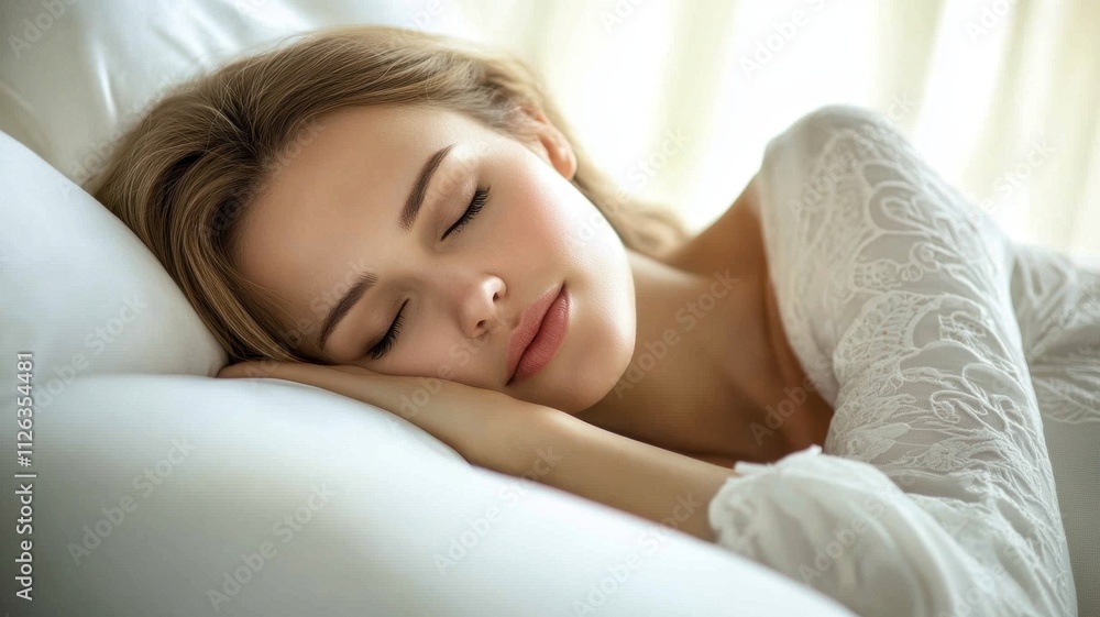 Peaceful Sleeping woman embracing a restful sleep in a cozy white bed, savoring the serenity of a tranquil morning Peaceful Sleeping woman embracing a restful sleep in a cozy white bed, savoring the serenity of a tranquil morning
