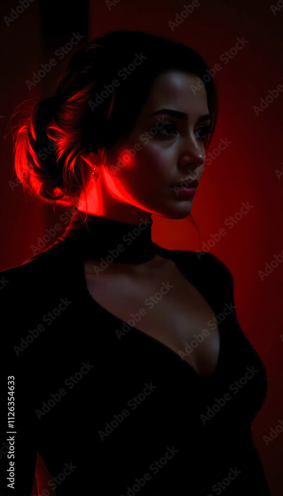 A woman dressed in black, illuminated by dramatic red lighting, capturing an intense and moody atmosphere with bold contrasts and modern elegance. A woman dressed in black, illuminated by dramatic red lighting, capturing an intense and moody atmosphere with bold contrasts and modern elegance.