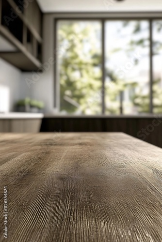 Empty Rustic Wooden Table with Natural Lighting and Outdoor View