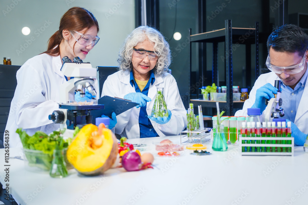 A male scientist and two women conduct plant research in a laboratory. microscopes, petri dishes,test tubes to analyze genetically modified plants, food, meat, eggs,vegetables for nutritional value A male scientist and two women conduct plant research in a laboratory. microscopes, petri dishes,test tubes to analyze genetically modified plants, food, meat, eggs,vegetables for nutritional value