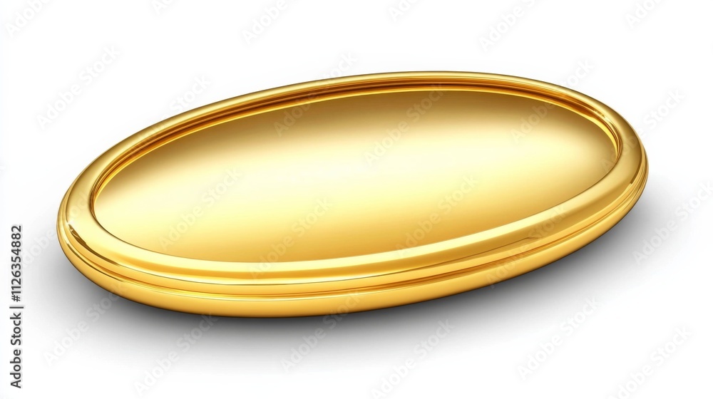 Shiny gold oval object in 3D rendering on white background with sleek, minimalistic design and curved edges Shiny gold oval object in 3D rendering on white background with sleek, minimalistic design and curved edges