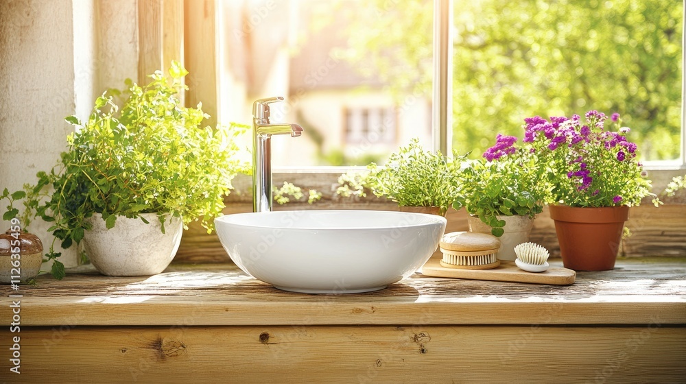 A bright, luxurious bathroom featuring marble accents, a simple white sink, and fresh greenery for a serene touch. A bright, luxurious bathroom featuring marble accents, a simple white sink, and fresh greenery for a serene touch.