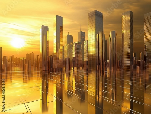 A majestic city skyline dominated by a modern skyscraper made entirely of gold