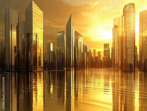 A majestic city skyline dominated by a modern skyscraper made entirely of gold