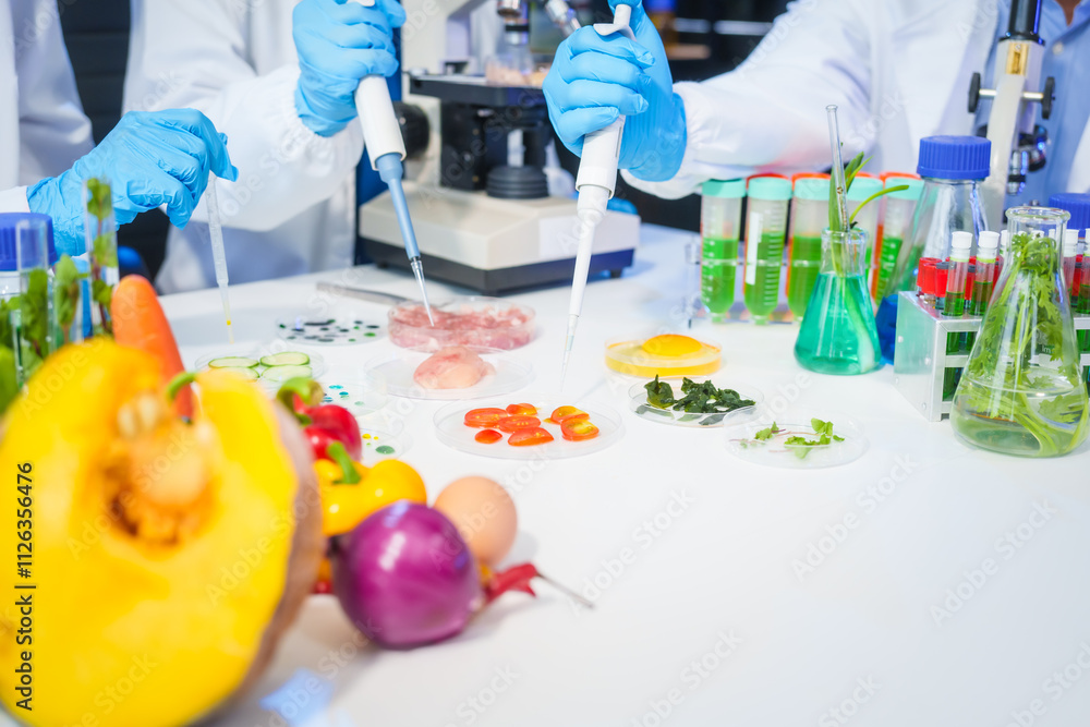 A male scientist and two women conduct plant research in a laboratory. microscopes, petri dishes,test tubes to analyze genetically modified plants, food, meat, eggs,vegetables for nutritional value A male scientist and two women conduct plant research in a laboratory. microscopes, petri dishes,test tubes to analyze genetically modified plants, food, meat, eggs,vegetables for nutritional value