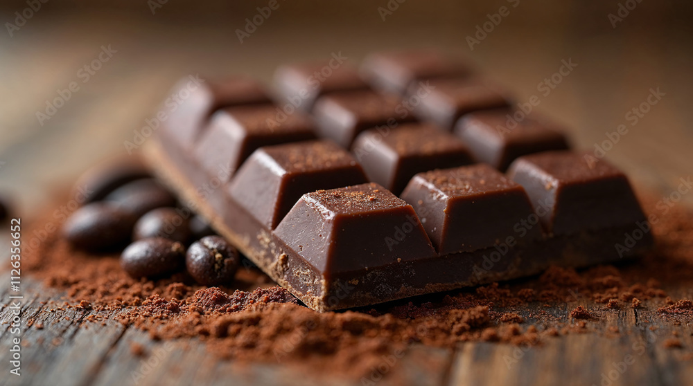 Tableta de chocolate negro sobre fondo rústico con cacao en polvo Tableta de chocolate negro sobre fondo rústico con cacao en polvo