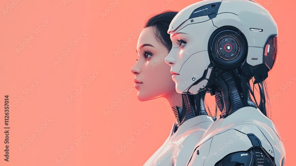 Futuristic female robot portrait showcasing cybernetic design and vibrant colors Futuristic female robot portrait showcasing cybernetic design and vibrant colors
