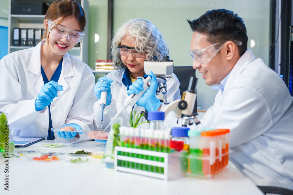 A male scientist and two women conduct plant research in a laboratory. microscopes, petri dishes,test tubes to analyze genetically modified plants, food, meat, eggs,vegetables for nutritional value A male scientist and two women conduct plant research in a laboratory. microscopes, petri dishes,test tubes to analyze genetically modified plants, food, meat, eggs,vegetables for nutritional value