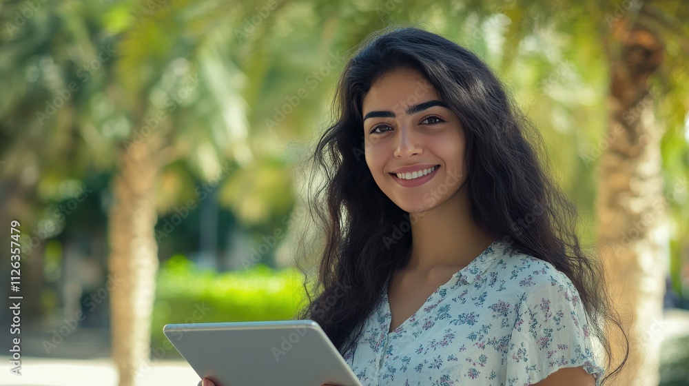 Smiling Woman Using Tablet Outdoors in a Park Smiling Woman Using Tablet Outdoors in a Park