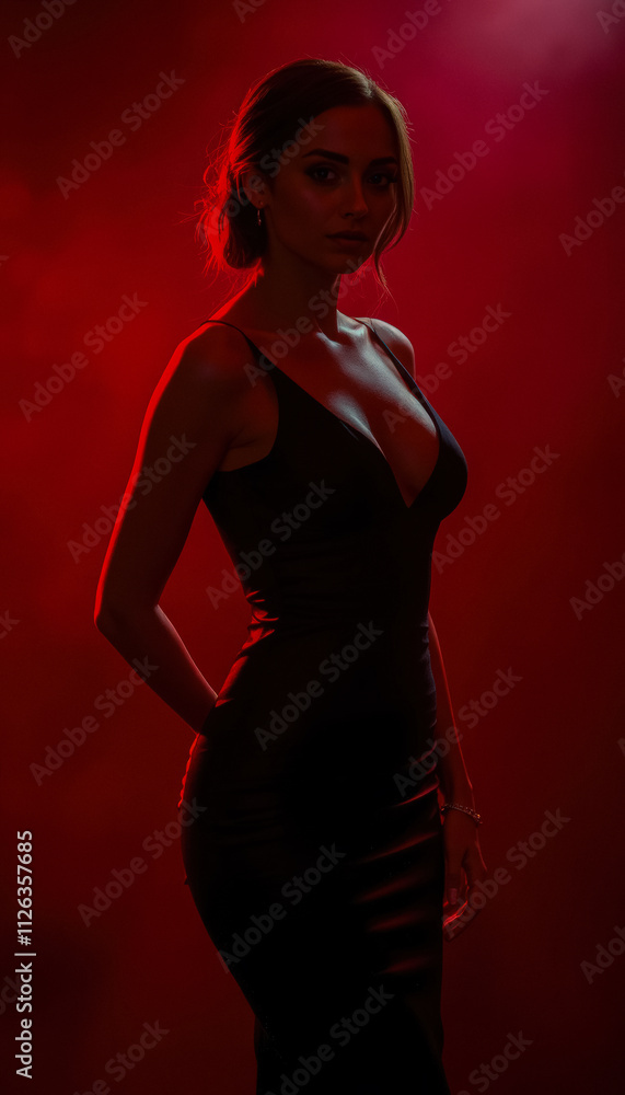 A poised woman in a black dress, illuminated by a red spotlight, radiating sophistication and a strikingly dramatic aesthetic. A poised woman in a black dress, illuminated by a red spotlight, radiating sophistication and a strikingly dramatic aesthetic.