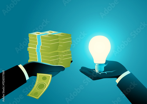 Hand offering a stack of money to another hand holding a glowing light bulb, symbolizing hiring an expert to find innovative solutions. Investment, consultancy, business growth, and intellectual value