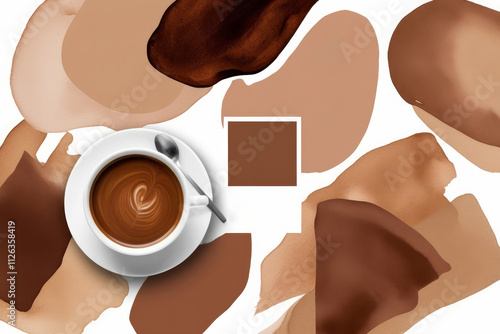 Abstract watercolour painted food background with cup of coffee and textual elements. Mocha Mousse trend 2025. AI generated