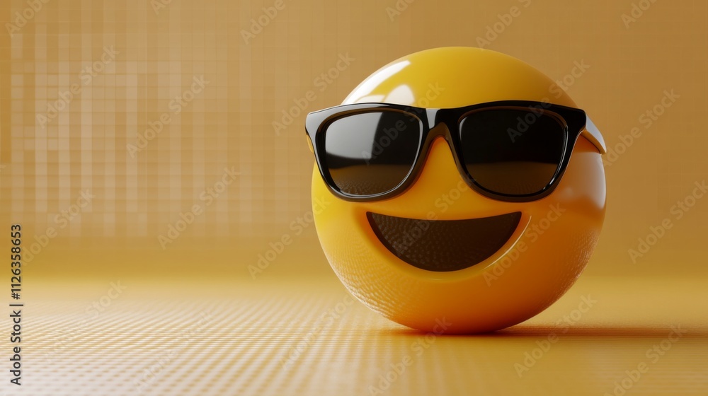 Smiley face emoji wearing sunglasses on a vibrant yellow background Smiley face emoji wearing sunglasses on a vibrant yellow background