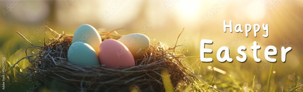 Colorful Easter eggs in a bird's nest on a green grass meadow, with spring flowers and sunlight bokeh in the background. Colorful Easter eggs in a bird's nest on a green grass meadow, with spring flowers and sunlight bokeh in the background.