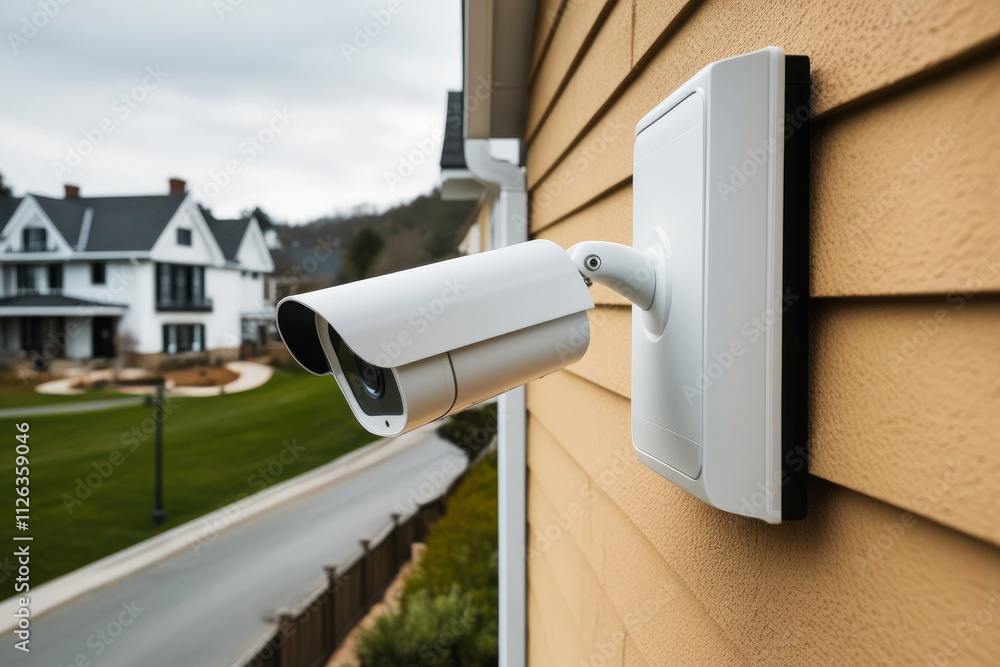Video surveillance camera mounted on a house on yard background. AI generated Video surveillance camera mounted on a house on yard background. AI generated
