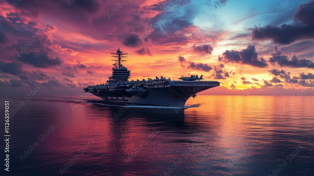 A powerful aircraft carrier on tranquil seas, framed by the dramatic colors of a sunset sky. A powerful aircraft carrier on tranquil seas, framed by the dramatic colors of a sunset sky.