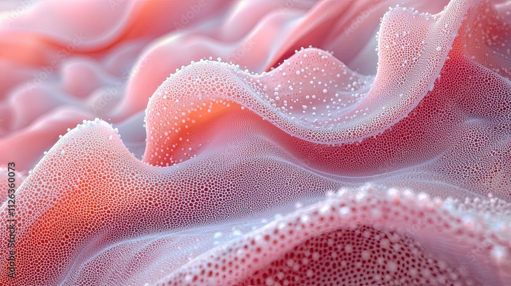 Abstract representation of soft pink waves with tiny bubbles reflecting light in a serene, dreamlike environment Abstract representation of soft pink waves with tiny bubbles reflecting light in a serene, dreamlike environment