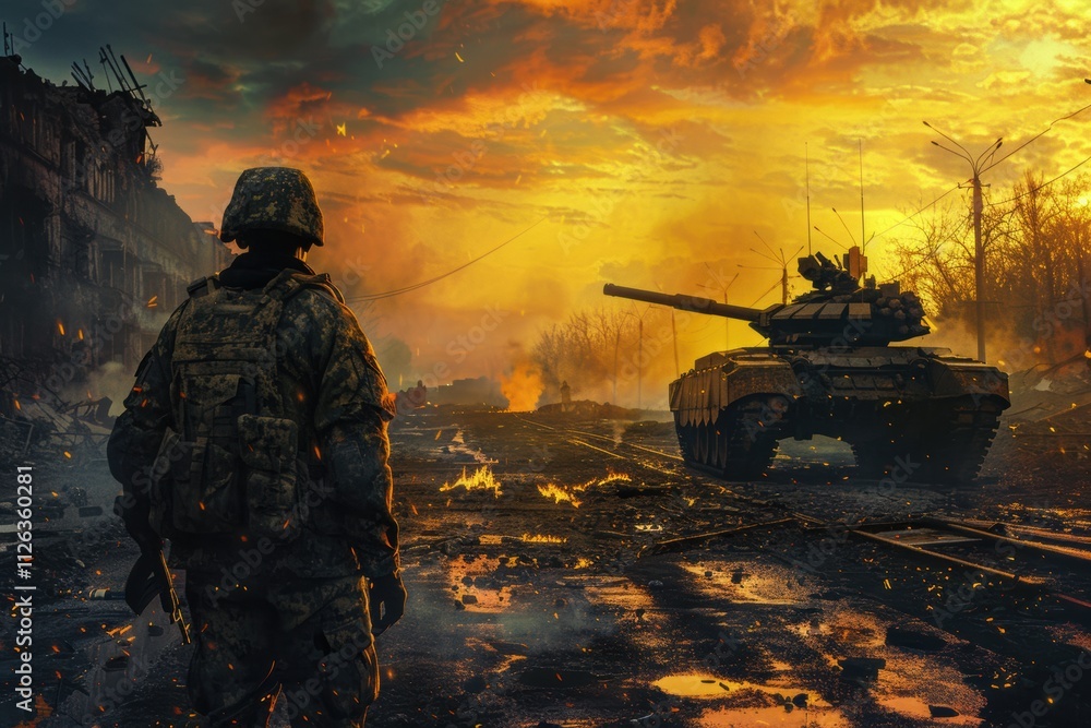 A Ukrainian tank moves through rubble, symbolizing the end of the war and unity A Ukrainian tank moves through rubble, symbolizing the end of the war and unity
