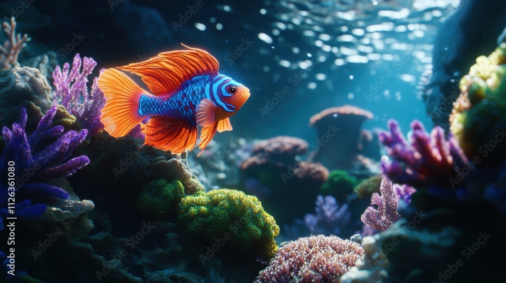 A serene underwater scene featuring a mandarin fish, surrounded by diverse coral textures and illuminated by ocean light. A serene underwater scene featuring a mandarin fish, surrounded by diverse coral textures and illuminated by ocean light.