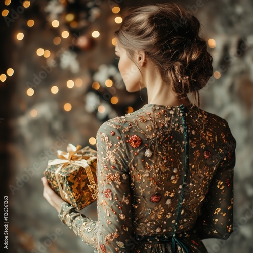 Back view of a woman in festive attire holding a gift in her hand.