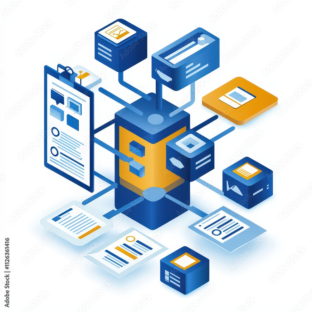 digital showcasing centralized data management system with various interconnected elements, including documents, databases, and user interfaces, representing modern technology digital showcasing centralized data management system with various interconnected elements, including documents, databases, and user interfaces, representing modern technology