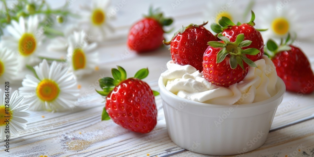 strawberry berries with whipped cream on a light background with daisies white wooden table refreshment copy space strawberry berries with whipped cream on a light background with daisies white wooden table refreshment copy space