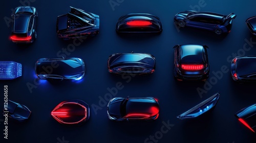 Various LED car headlights and tail lights are displayed together, showcasing a blend of styles and colors for automotive enthusiasts. Generative AI photo