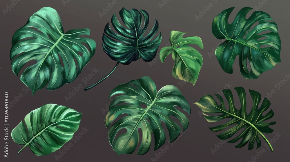 A collection of illustrated green leaves showcasing various shapes and textures. A collection of illustrated green leaves showcasing various shapes and textures.
