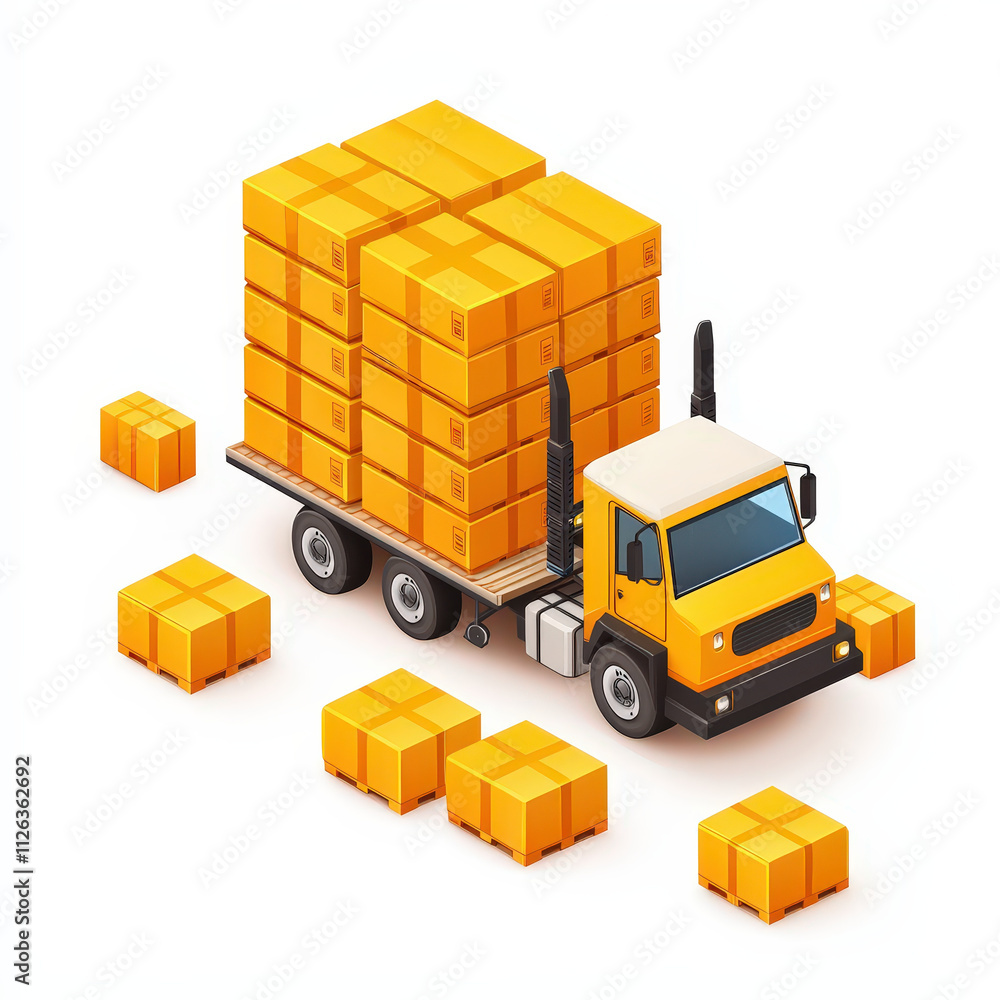 Delivery truck loaded with yellow boxes, symbolizing logistics and transportation. scene captures essence of shipping and freight services in vibrant, illustrative style Delivery truck loaded with yellow boxes, symbolizing logistics and transportation. scene captures essence of shipping and freight services in vibrant, illustrative style