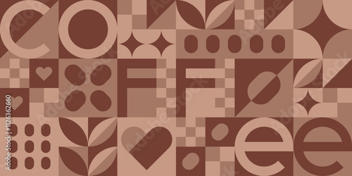 Abstract geometric pattern with coffee in mocha mousse color. Mosaic background for modern cafe design, menu or shop. Geometric seamless pattern with coffee beans and leaves, vector illustration
