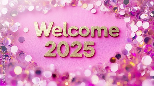 Welcome 2025: Glittering gold lettering on a vibrant pink background, surrounded by a cascade of shimmering confetti, announces the arrival of a new year, full of promise and possibility. 