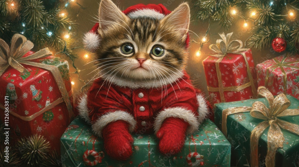 A sweet kitten dressed in festive red, surrounded by wrapped gifts and twinkling lights, perfect for holiday cheer A sweet kitten dressed in festive red, surrounded by wrapped gifts and twinkling lights, perfect for holiday cheer