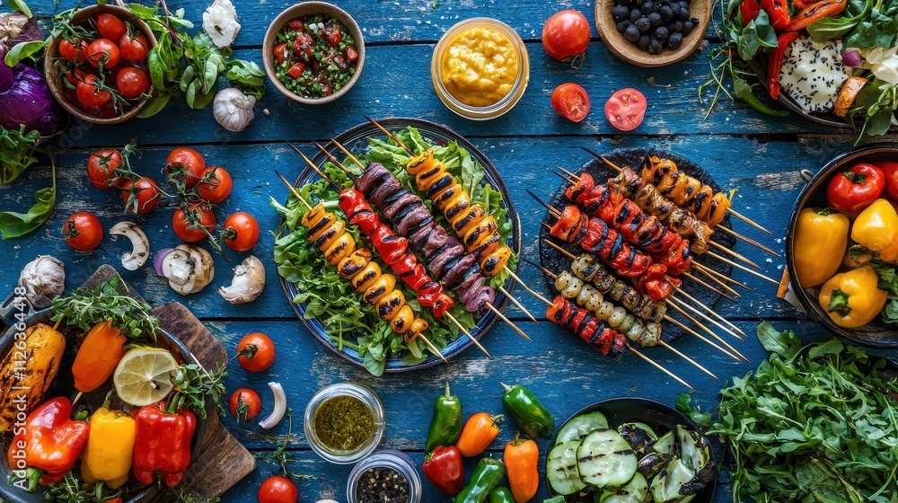 Fototapeta premium Colorful Street Food Market with Grilled Skewers and Salads