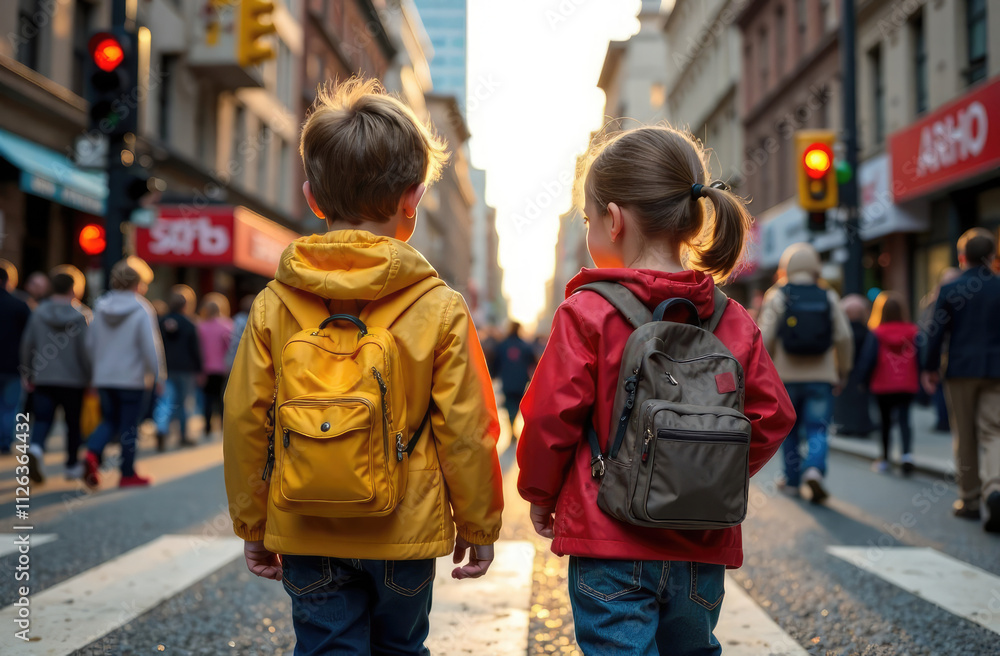 Children stand in front of a busy street Children stand in front of a busy street