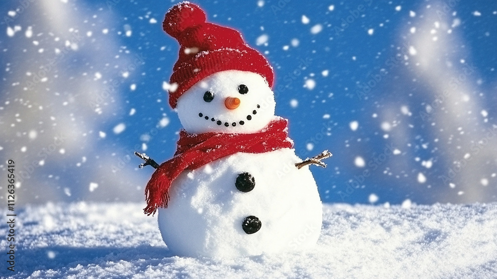 An amusing snowman, adorned with a trendy red hat and red scarf, graces a snow-covered field with a backdrop of brilliant blue skies
