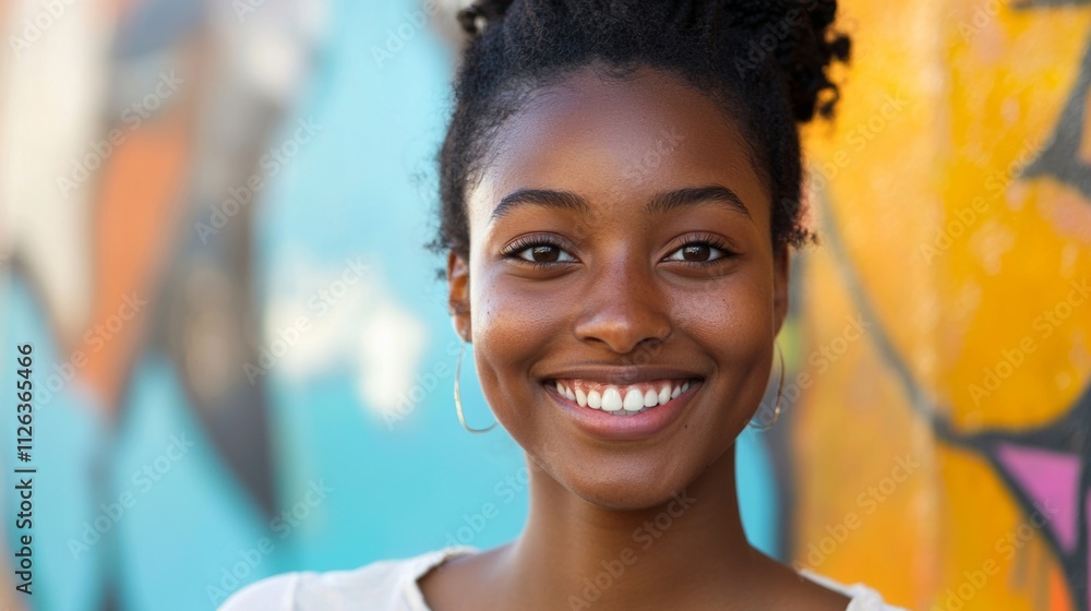 A young woman beams with a bright smile, showcasing her joyful spirit. She stands in front of an artistic mural, bringing life to the colorful backdrop on a sunny day A young woman beams with a bright smile, showcasing her joyful spirit. She stands in front of an artistic mural, bringing life to the colorful backdrop on a sunny day