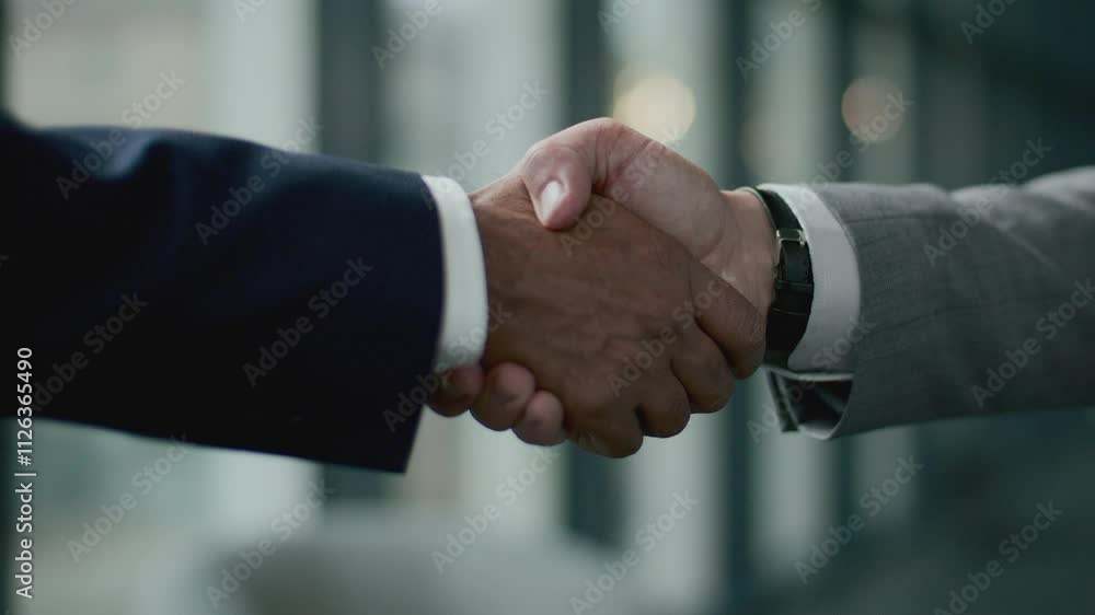 Close-up view of two unrecognizable business professionals shaking hands after sealing the deal at meeting Close-up view of two unrecognizable business professionals shaking hands after sealing the deal at meeting