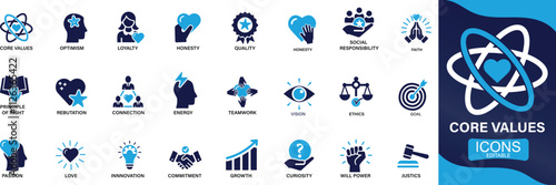 Core values icon set. innovation, goals, responsibility, integrity, customers, commitment, quality, teamwork,, You can easily change the color