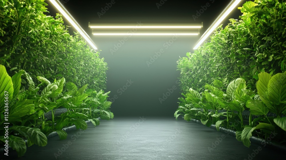 Fototapeta premium Lush Green Indoor Garden with Modern Lighting