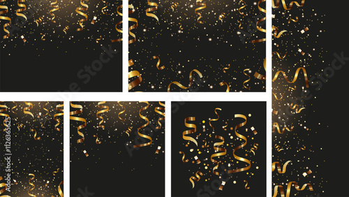  3d Golden Confetti and Streamers Paper Background Set