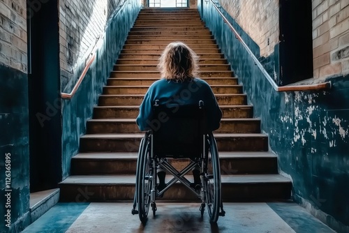 Facing the challenge: A person in a wheelchair looks at the steep staircase ahead. Generative AI photo